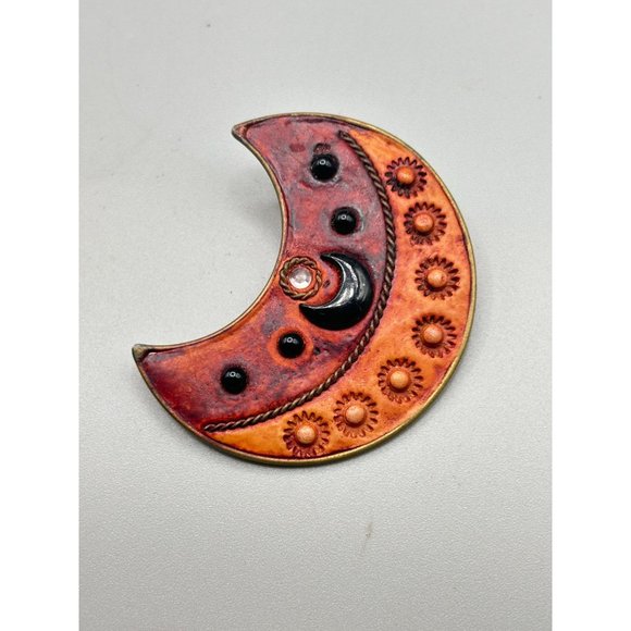 Vintage Handcrafted Moon Brooch Clay & Beads Crescent Moon Whimsical Jewelry - Picture 2 of 7